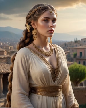 32k, large and very detailed eyes, ultra realistic details, beautiful mythic ancient pompeian woman, serene facial expression, elaborate very long braided hair, traditional pompeian female dress, floating, windy, messy hair, elaborate difficult, masterpiece, high quality, detailed cores, house of the faun, italy, in background, shafts of light,  breathtaking beauty, pure perfection, mystical, cinematographic, full body shot,