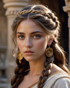 32k, large and very detailed eyes, ultra realistic details, beautiful mythic ancient pompeian woman, serene facial expression, elaborate very long braided hair, traditional pompeian female dress, floating, windy, messy hair, elaborate difficult, masterpiece, high quality, detailed cores, house of the faun, italy, in background, shafts of light,  breathtaking beauty, pure perfection, mystical, cinematographic, full body shot,