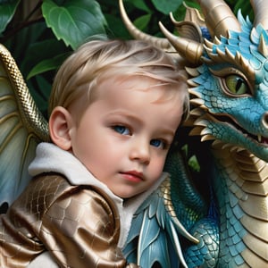 ultradetailed photorealistic close-up photo of a (subject: 2-year-old boy). (He)’s dressed in royal attire and is sleeping, cuddled up next to a winged dragon. The image features highly detailed eyes and intricate skin textures for both the (boy) and the dragon. The scene is set against the backdrop of a mysterious garden, illuminated by soft, natural daylight, photography.