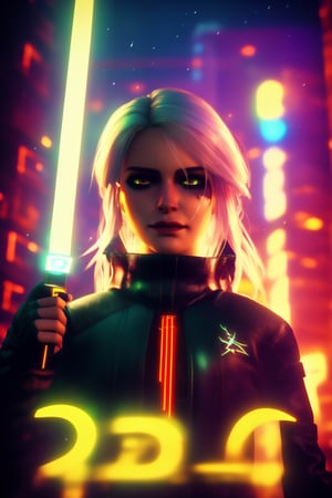 A close-up photographic image of a young biutifull hacker girl standing in a dark alleyway of the night city of Night City from the game Cyberpunk 2077. She is dressed in a black leather jacket, numerous belts and buckles, has bright neon inserts on her clothes. She has makeup and cyber- implants around her eyes, facial expression focused and serious.She is holding a futuristic gadget in her hands and the light of its screen illuminates her face from below with a mysterious blue light.Lights and neon signs of a night city are visible in the background.The image is in a futuristic cyberpunk style, realistic, with high artistic qualities, with detailing of small objects., ultra hd, realistic, vivid colors, highly detailed, UHD drawing, pen and ink, perfect composition, beautiful detailed intricate insanely detailed octane render trending on artstation, 8k artistic photography, photorealistic concept art, soft natural volumetric cinematic perfect light