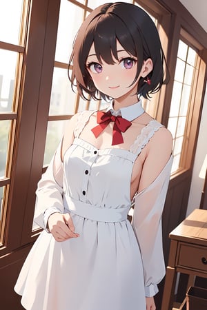 1girl, solo, looking at viewer, blush, medium hair, light black hair color, red eyes, long sleeves,, maid clothes, standing, collarbone, cowboy shot, indoors, bowtie, head tilt,