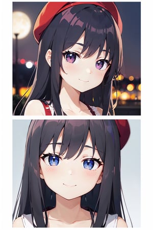 Anime girl with long black hair wearing a beret, shy smile, small breasts, anime style 4k, beautiful anime portrait, anime moe art style, anime art wallpaper 4k, anime art wallpaper 4k, High quality anime art style, anime style portrait, Gweiz, artwork in the style of Gweiz, detailed digital anime art, anime art wallpaper 8k, cute anime girl portrait, Moonlight night, whole body