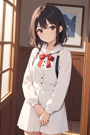 1girl, solo, looking at viewer, blush, medium hair, light black hair color, bangs, red eyes, long sleeves, closed mouth, maid clothes, standing,  collarbone, cowboy shot, indoors, bowtie, head tilt,