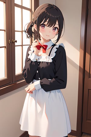 1girl, solo, looking at viewer, blush, medium hair, low ponytail, light black hair color, bangs, red eyes, long sleeves, closed mouth, maid clothes, standing,  collarbone, cowboy shot, indoors, bowtie, head tilt, five fingers 