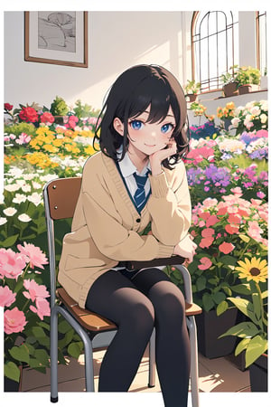 One girl, classical, long curly black hair, beautiful eyes, high quality, white skin, school uniform, cardigan, sitting on a chair, surrounded by various flowers, low saturation, portrait, fine line drawing, fine detail,