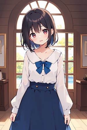 1girl, solo, looking at viewer, blush, medium hair, light black hair color, red eyes, long sleeves, wizard, magic, standing, collarbone, cowboy shot, indoors, bowtie, head tilt,