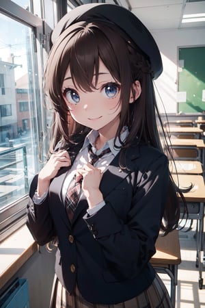 (masterpiece:1.2), (best quality), extremely detailed CG, ultra high res, fine line drawing, Ray Tracing, 1girl, solo, anime, long hair, skirt, brown hair, long sleeves, beret, indoors background, classroom, school uniform, jacket, necktie, plaid, cosplay, plaid skirt, blazer, plaid necktie, nice hands, perfect hands,