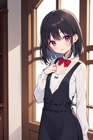 masterpiece, best quality, extremely detailed, 1girl, solo, looking at viewer, blush, medium hair, light black hair color, red eyes, flat chest, long sleeves, wizard, magic, standing, collarbone, cowboy shot, indoors, bowtie, head tilt,