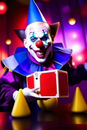 A Vampiric Clown whose body is a seven of spades playing card juggling the symbols of five elements. a yellow cube, a blue sphere, a Purple cylinder, a silver crescent, and a red Pyramid, while thick bands of colored lights beam down on the scene ultra realistic hyper realistic