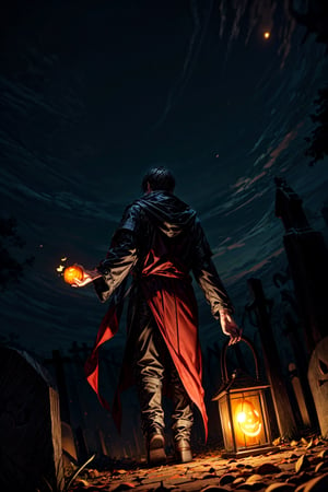 pumpkin man holding human lantern in hand in dark night at graveyard with some phantoms 


