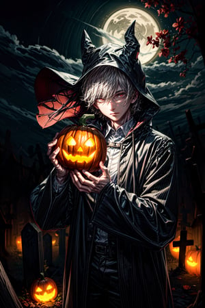 pumpkin man holding human lantern in hand in dark night at graveyard with some phantoms 

