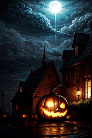 pumpkin man holding human lantern in hand in dark night with creepy houses

