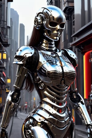  (a beautiful Robot woman walking down the street in a fantasy world,Female Skull Head),chrometech, smile, (oil shiny skin:1.2), (big breast:1.0), (perfect anatomy, prefecthand, chrome dress, long fingers, 4 fingers, 1 thumb), 9 head body lenth, dynamic sexy pose, breast apart, (cowboy shot:1.5), looking at viewer, (viewed_from_below:1.4),neon style