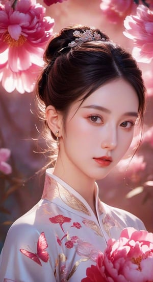 Upper body,from front,A girl, wearing hanfu, peony garden, butterfly, (negative space:1.4), fusion of art nouveau styles with gongbi painting, gold and white and red hue, Mucha style, (Cinematic lighting, ethereal light, intricate details, extremely detailed, incredible details, full colored), complex details, hyper maximalist, gorgeous light and shadow, detailed decoration, detailed lines. masterpiece, best quality, HDR, UHD, unreal engine. looking at the camera, fair skin, beautiful face,  ,smile,,(oil shiny skin:0.8), (big_boobs), willowy, chiseled, (hunky:1.6),(perfect anatomy, prefect hand,), 9 head body lenth, dynamic sexy pose, (artistic pose of awoman),xxmix_girl,minimalist hologram,abyssaltech ,glow,dissolving