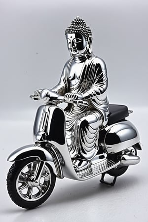 (masterpiece, high detail, best quality),  Buddha riding a scooter,chrome Buddha,