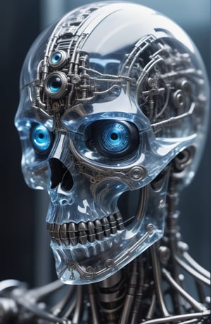 close up ultra detailed translucent crystal and polished steel sculpture of a male necromancer, (holographic skeleton face), (cyborg mechanical eyes:1.5),volumetric fog, hyperrealism, breathtaking, ultra realistic, ultra detailed, cyber background, cinematic lighting, highly detailed, breathtaking, photography, stunning environment, low-angle_shot