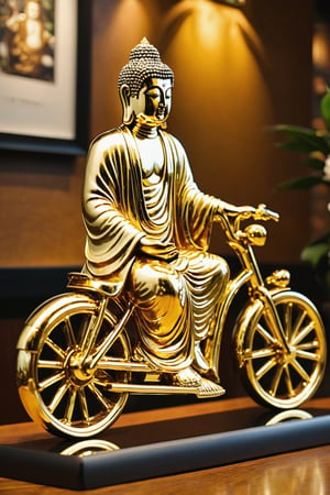 (masterpiece, high detail, best quality),  Buddha riding a bike,gold chrome Jesus, satin sliver iron,more detail ,beside table in Starbucks coffee store ,