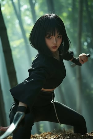 A mesmerizing shot of a poised Japanese ninja maiden, framed by a mystical bamboo forest's misty veil and dappled light. Her sleek black hair is styled in a bob cut, complemented by her striking almond-shaped eyes that exude focus and determination. She stands low to the ground, balanced on one leg, with her hands poised for swift action - one open and ready to strike, the other hovering near her waist, prepared to draw a hidden weapon. Her calm yet fierce expression is captured in a moment of stillness before the action unfolds.