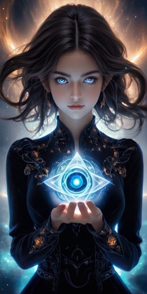 upper_body , realistic shadows, depth of field, bokeh, ,
1 girl, adult (elven:0.7) woman,  amber eyes, dark brown wedge cut hair,  
, solo, from front, front view, detailed background, detailed face, (, V0id3nergy, void theme:1.1)  glowing magical third eye  on forehead, eye tattoo, illusionist, psychic powers, awareness,   mind control, hypnosis,  enchantment, psychomancy,   clairvoyance, mesmerizing, aura,   mind portal, mind energy, magical blue psychic energy emanating, updraft,  magic in background, ethereal atmosphere,, smile, (oil shiny skin:1.0), (big_boobs:1.8), willowy, chiseled, (hunky:1.4),(( body rotation -35 degree)), (upper body:1.6),(perfect anatomy, prefecthand, dress, long fingers, 4 fingers, 1 thumb), 9 head body lenth, dynamic sexy pose, breast apart, (artistic pose of awoman),more detail ,xxmix_girl,Gold Edged Black Rose,Leonardo Style,DonMF1r3XL,neotech,dripping paint,abstact,glowing,scifi,LuminescentCL,starry sky,minimalist hologram,glow,abyssaltech ,dissolving,abyss,NIJI STYLE