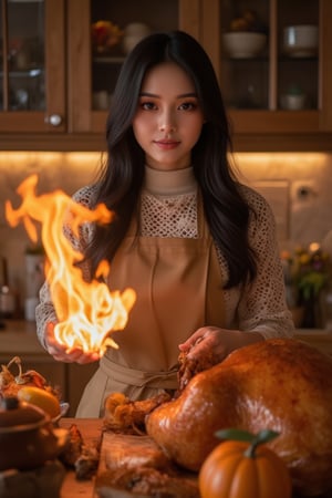 (masutepiece, top-quality, 8K), (1woman, perfectly proportions, Beautiful face, cute face, beautiful legs, stares at the camera), Young woman in apron, Restaurants where turkey is popular, toothy smile, Thanksgiving turkey , 1_girl , female , female_solo , black_hair , long_hair , aesthetic_view , photo_real, midjourney, oda non,
 ((her hand crackling with huge fire power as she gazes directly at the camera,,)))