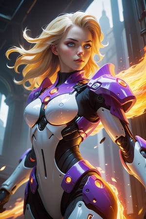 a close up of a girl with a fire on his face, fierce beauty ((full body)), her pure purple hair with blonde highlights on her bangs cascading down the side of her face and shoulders, standing inside of a MECH suit, (masterpiece, top quality, best quality, official art, beautiful and aesthetic:1.2), (1girl), extreme detailed, (fractal art:1.3), colorful, highest detailed, zoomout, perfecteyes, floating hairstyle , alluring_lolita_girl, RedHoodWaifu, beautymix, futurecamisole, mecha, xxmix_girl, Movie Still, Film Still, Wearing edgTemptation, Cinematic, p3rfect boobs, skirtlift, cleavage, Cinematic Shot, Cinematic Lighting, photo r3al, fire elemental, furious god zeus, hair made of fire, fire demon, human chimera, fire giant, body made of fire, 