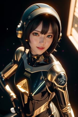 masterpiece, best quality, Half body portrait, 1girl, anime, 3D, realistic, teen girl, smiling, cute face, short hair, astronaut helmet, starry universe background, true light, bodysuit, beautiful, sexy, colourful, nsfw, smooth skin, illustration, by stanley artgerm lau, sideways glance, foreshortening, extremely detailed, high resolution, ultra quality, glare, Iridescent, Global illumination, realistic light and shadow, hd, 8k, ,luxtech,(viewed_from_above:1.3)