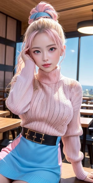 Upper body,masterpiece, best quality, aesthetic, 1girls,solo,blond_hair , Future, Mecha girl, Masterpiece, Sify, beautiful details, perfect focus, Soldier ((military uniform) (black Neopreno)), ((a girl wearing light pink off_soulder sweater dress)), in the cafe, light pink and sky blue hair, sitting, from_back,blurry background (oil shiny skin:0.8), (big_boobs), willowy, chiseled, (hunky:1.9),(perfect anatomy, prefect hand,), 9 head body lenth, dynamic sexy pose, (artistic pose of awoman),(from_below:1.3)