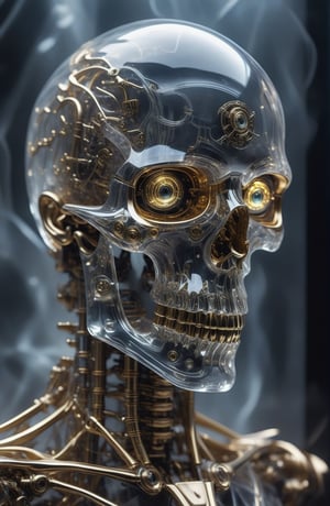 close up ultra detailed translucent crystal and polished golden sculpture of a male necromancer, (holographic skeleton face), (cyborg mechanical eyes:1.5),volumetric fog, hyperrealism, breathtaking, ultra realistic, ultra detailed, cyber background, cinematic lighting, highly detailed, breathtaking, photography, stunning environment, low-angle_shot