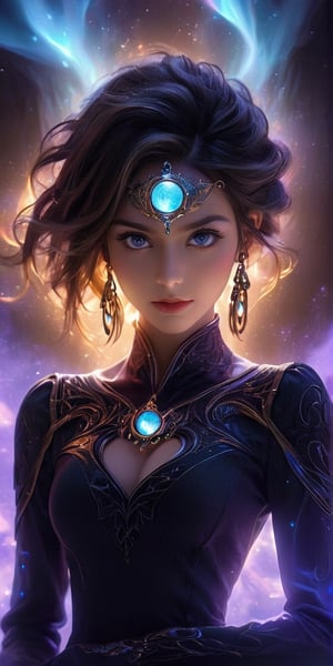 upper_body , realistic shadows, depth of field, bokeh, ,
1 girl, adult (elven:0.7) woman,  amber eyes, dark brown wedge cut hair,  
, solo, from front, front view, detailed background, detailed face, (, V0id3nergy, void theme:1.1)  glowing magical third eye  on forehead, eye tattoo, illusionist, psychic powers, awareness,   mind control, hypnosis,  enchantment, psychomancy,   clairvoyance, mesmerizing, aura,   mind portal, mind energy, magical blue psychic energy emanating, updraft,  magic in background, ethereal atmosphere,, smile, (oil shiny skin:1.0), (big_boobs:1.8), willowy, chiseled, (hunky:1.4),(( body rotation -35 degree)), (upper body:1.6),(perfect anatomy, prefecthand, dress, long fingers, 4 fingers, 1 thumb), 9 head body lenth, dynamic sexy pose, breast apart, (artistic pose of awoman),more detail ,xxmix_girl,Gold Edged Black Rose,Leonardo Style,DonMF1r3XL,neotech,dripping paint,abstact,glowing,scifi,LuminescentCL,starry sky,minimalist hologram,glow,abyssaltech ,dissolving,abyss,NIJI STYLE