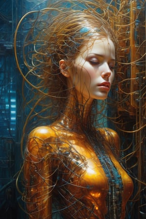 Please create a masterpiece, stunning beauty, perfect face, epic love, Slave to the machine, full-body, hyper-realistic oil painting, vibrant colors, Body horror, wires, biopunk, cyborg by Peter Gric, Hans Ruedi Giger, Marco Mazzoni, dystopic, golden light, perfect composition,Glass,shards