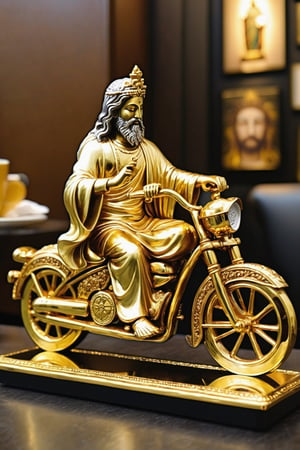(masterpiece, high detail, best quality),  Brahma riding a bike,gold chrome Jesus, satin sliver iron, holding lotus,more detail ,beside table in Starbucks coffee store ,