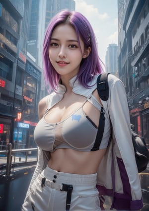 ((Body shot)), low angle view, a beautiful girl with perfect fair skin and bright blue eyes and a flirty smile, sci-fi, cyberpunk, sexy bodysuit, (((partially clothed))), ultra quality, urban landscape, detailed, detailed background, (((masterpiece))), (((90s anime style))), (((uncesored))), (((portrait)))