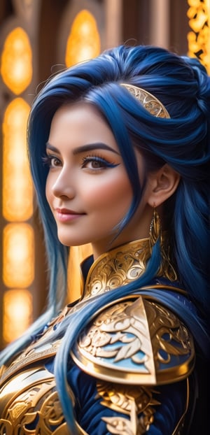 Medium full shot,4k,best quality,masterpiece,1 American girl, 1 girl,(deep blue hair,streaked hair, multicolored hair, very long hair,), A girl wearing gold heavy armor in the ornate gothic style, pauldron, metallic collar equiped with respiratory system, heavy knight armor. fantasy,mysterious,esoteric,mandala,kabala,,smile,(oil shiny skin:1.0), (big_boobs:1.9), willowy, chiseled, (hunky:2.6),(( body rotation 120 degree)), (perfect anatomy, prefecthand, dress, long fingers, 4 fingers, 1 thumb), 9 head body lenth, dynamic sexy pose, breast apart, (artistic pose of awoman),NIJI STYLE,DonM3lv3sXL,Long_Exposure,better photography, cinematic moviemaker style,xxmix_girl