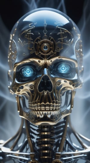 Medium shot,close up ultra detailed translucent crystal and polished golden sculpture of a male necromancer, (holographic skeleton face), (cyborg mechanical eyes:1.5),volumetric fog, hyperrealism, breathtaking, ultra realistic, ultra detailed, cyber background, cinematic lighting, highly detailed, breathtaking, photography, stunning environment, low-angle_shot