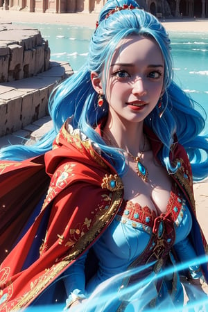 masterpiece, ((ultra detailed background, delicate pattern, intricate detail)), (highly detailed, fine details), best quality, beautiful lighting, NefertariViviV3, 1girl, long hair, blue hair, solo, jewelry, earrings, ((red cape, white dress, simple dress)), ponytail, hair ornament, necklace, sky, blue eyes, complex detailed background, outside, sunny, desert town environment, buildings, town, market, hair lift, hands behind back, smile, (shiny oil skin:1.2),(gigantic breast:1.0),cleavage outent,NefertariViviV3, light blue hair,(dynamic view:1.8),dynamic pose,More Detail,(running:1.2),rush raining(water drop:0.8),foggy,