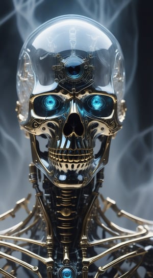 Medium full shot,close up ultra detailed translucent crystal and polished golden sculpture of a male necromancer, (holographic skeleton face), (cyborg mechanical eyes:1.5),volumetric fog, hyperrealism, breathtaking, ultra realistic, ultra detailed, cyber background, cinematic lighting, highly detailed, breathtaking, photography, stunning environment, low-angle_shot