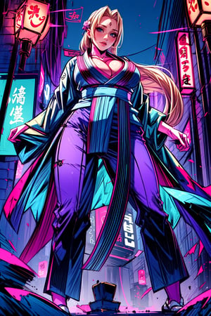 (masterpiece,  best quality),  ultra detailed,  1girl,  TsunadeNDV,  huge breasts,  long hair,  blonde hair,  looking at viewer, TsunadeNDV,  japanese clothes,  kimono,  dark blue pant,  (kimono over pant:1.5),  standing,  outdoor,  (forehead stone:1.3),  smile, ,TsunadeNDV,niji style,song-hyegyo-xl,Sabai,Neon Light,(cleavage breast:1.2)facing the viewer, ( backview), (looking upward:0.5), (long shot:0.9), (from below:1.3),