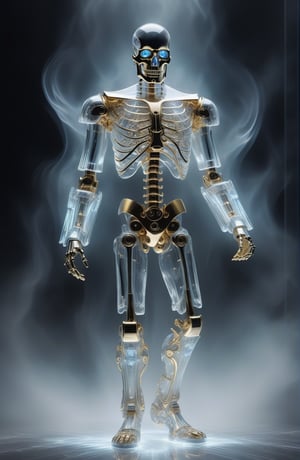 Full body,close up ultra detailed translucent crystal and polished golden sculpture of a male necromancer, (holographic skeleton face), (cyborg mechanical eyes:1.5),volumetric fog, hyperrealism, breathtaking, ultra realistic, ultra detailed, cyber background, cinematic lighting, highly detailed, breathtaking, photography, stunning environment, low-angle_shot