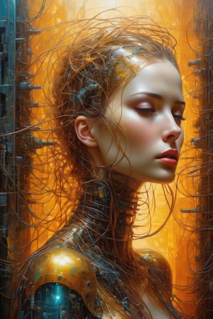 Please create a masterpiece, stunning beauty, perfect face, epic love, Slave to the machine, full-body, hyper-realistic oil painting, vibrant colors, Body horror, wires, biopunk, cyborg by Peter Gric, Hans Ruedi Giger, Marco Mazzoni, dystopic, golden light, perfect composition,Glass,shards