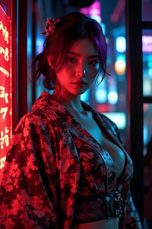 A dimly lit Gion house's warm glow casts a sultry ambiance as I'm captivated by the cyborg geisha's gaze. Her porcelain-like complexion and robotic precision blend seamlessly, drawing me in. The red kimono's intricate floral pattern and black-gold Obi shimmer under the soft evening light. Kyoto city's neon-lit landscape stretches behind her like a digital canvas, inviting me to explore. ((Her purple hair begins to dissolve into streams of binary code, revealing cybernetic implants as her body breaks apart into glowing blue and green 0s and 1s. I'm mesmerized by Major Motoko Kusanagi's transformation into digital data, )),surrounded by dramatic lighting that accentuates every detail in this photorealistic masterpiece.