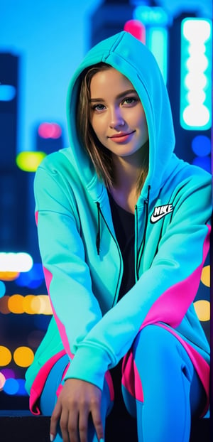 Upper body, photography a European girl, Nike logo hoodie, coverd head, sitting on the peak roof, the over view of futuristic cyberpunk city, looking at viewer, detailed eyes, intricate details, film grain, accent lighting, soft volumetric light, shallow depth of field, cinemagraph, night, neon lighting, floating architecture, smile,(oil shiny skin:1.0), (big_boobs:1.4), willowy, chiseled, (hunky:2.2),(( body rotation -90 degree)), (upper body:1.4),(perfect anatomy, prefecthand, dress, long fingers, 4 fingers, 1 thumb), 9 head body lenth, dynamic sexy pose, breast apart, (artistic pose of awoman),