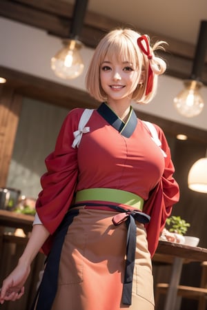 masterpiece, best quality, highres, aachisato, short hair, hair ribbon, japanese clothes, (red kimono:1.2), sash, (brown apron:1.2), , indoors, cafe, holding tray, smile,aachisato, (smile:1.2) ( shiny oil skin:1.0), cowboy_shot, curved body, (dynamic sexy pose:1.7), sexy body, (gigantic breast:1.2), 9 head length body, looking at viewer, from below,