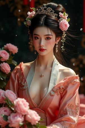 A majestic ancient oriental beauty poses amidst a serene palace setting. The subject's delicate face with exquisite facial features and makeup is framed by a stunning bun, adorned in gorgeous clothes and accessories that exude fairy-like elegance. Peonies and delicate brushwork create a whimsical atmosphere, while water ripples and dark magic hints at mystique. Rotating airflow and advanced light techniques enhance the subject's self-illumination, set against a museum-quality black background with luminous particles. The composition is masterfully balanced, featuring high-definition details, strong contrast, and a sense of story.