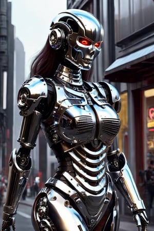  (a beautiful Robot woman walking down the street in a fantasy world,Female Skull Head),chrometech, smile, (oil shiny skin:1.2), (big breast:1.0), (perfect anatomy, prefecthand, chrome dress, long fingers, 4 fingers, 1 thumb), 9 head body lenth, dynamic sexy pose, breast apart, (cowboy shot:1.5), looking at viewer, (viewed_from_side:1.4),neon style