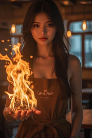 (masutepiece, top-quality, 8K), (1woman, perfectly proportions, Beautiful face, cute face, beautiful legs, stares at the camera), Young woman in apron, Restaurants where turkey is popular, toothy smile, Thanksgiving turkey , 1_girl , female , female_solo , black_hair , long_hair , aesthetic_view , photo_real, midjourney, oda non,
 ((her hand crackling with huge fire power as she gazes directly at the camera,,)))