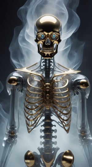 full body,close up ultra detailed translucent crystal and polished golden sculpture of a male necromancer, (holographic skeleton face), (cyborg mechanical eyes:1.5),volumetric fog, hyperrealism, breathtaking, ultra realistic, ultra detailed, cyber background, cinematic lighting, highly detailed, breathtaking, photography, stunning environment, low-angle_shot