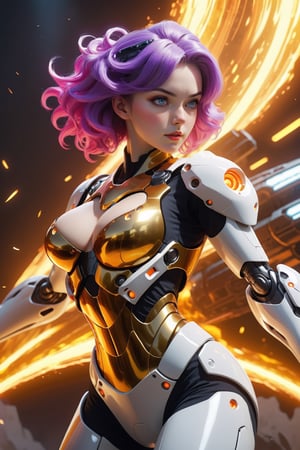 a close up of a girl with a fire on his face, fierce beauty ((full body)), her pure purple hair with on her bangs cascading down the side of her face and shoulders, standing inside of a MECH suit, gold chorme mech suit,(masterpiece, top quality, best quality, official art, beautiful and aesthetic:1.2), (1girl), extreme detailed, (fractal art:1.3), colorful, highest detailed, zoomout, gigantic breast,perfecteyes, floating hairstyle , alluring_lolita_girl, RedHoodWaifu, beautymix, futurecamisole, mecha, xxmix_girl, Movie Still, Film Still, Wearing edgTemptation, Cinematic, p3rfect boobs, skirtlift, cleavage, Cinematic Shot, Cinematic Lighting, photo r3al, fire elemental, furious god zeus, hair made of fire, fire demon, human chimera, fire giant, body made of fire, 