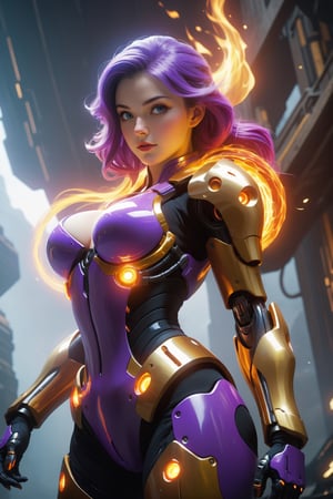 a close up of a girl with a fire on his face, fierce beauty ((full body)), her pure purple long hair with on her bangs cascading down the side of her face and shoulders, standing inside of a MECH suit, gold chorme mech suit,(masterpiece, top quality, best quality, official art, beautiful and aesthetic:1.2), (1girl), extreme detailed, (fractal art:1.3), colorful, highest detailed, zoomout, (gigantic breast:1.2),perfecteyes, floating hairstyle , alluring_lolita_girl, RedHoodWaifu, beautymix, futurecamisole, mecha, xxmix_girl, Movie Still, Film Still, Wearing edgTemptation, Cinematic, p3rfect gigantic  boobs, skirtlift, cleavage, Cinematic Shot, Cinematic Lighting, photo r3al, fire elemental, furious god zeus, hair made of fire, fire demon, human chimera, fire giant, body made of fire,full_body,  