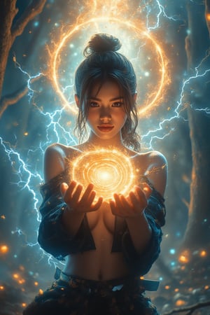 A medium uper torso shot of a beautiful young woman looking directly at the viewer, Halo overhead, holding an energy ball, Spark fluff fire ball lightning whirling Ultra detailed illustration painting of a bedazzling wild enviroment, rule of thirds depth of field intricate details, concept art, subtle colors, fantastical realm, extremely detailed, ultra sharp focus, light particles, attention to detail, grandeur and awe, cinematic, stunning visual masterpiece, double exposure, 8k, photorealistic, strong outlines, dynamic pose,, casting electric thunder spells from her hands in an attacking pose.