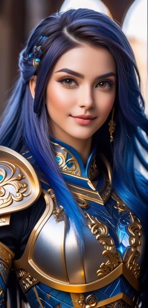Medium full shot,4k,best quality,masterpiece,1 American girl, 1 girl,(deep blue hair,streaked hair, multicolored hair, very long hair,), A girl wearing gold heavy armor in the ornate gothic style, pauldron, metallic collar equiped with respiratory system, heavy knight armor. fantasy,mysterious,esoteric,mandala,kabala,,smile,(oil shiny skin:1.0), (big_boobs:1.9), willowy, chiseled, (hunky:2.6),(( body rotation 120 degree)), (perfect anatomy, prefecthand, dress, long fingers, 4 fingers, 1 thumb), 9 head body lenth, dynamic sexy pose, breast apart, (artistic pose of awoman),NIJI STYLE,DonM3lv3sXL,Long_Exposure,better photography, cinematic moviemaker style,xxmix_girl